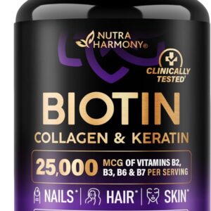 Biotin | Collagen | Keratin – Clinically Tested Supplement  Boost your beauty from within with our powerful Biotin, Collagen, and Keratin formula. Designed for both women and men, this supplement supports hair growth, skin health, and strong nails with a potent 25,000 mcg blend of essential nutrients.